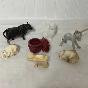 Avon & Unbranded Vintage Animal Figurine Lot 8pc Pig Bull Donkey Cat Mixed Media